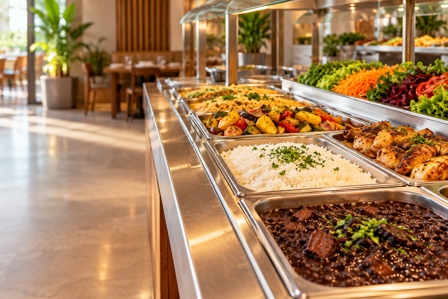 Buffet de restaurante com pratos variados prontos para o serviço